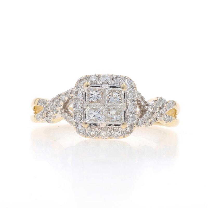 Size: 7 1/2
Sizing Fee: Up 1 1/2 sizes for $60 or Down 1 1/2 sizes for $40

Metal Content: 14k Yellow Gold & 14k White Gold

Stone Information

Natural Diamonds
Carat(s): 1.00ctw
Cut: Princess & Round Brilliant
Color: G - H
Clarity: SI2 - I1

Total