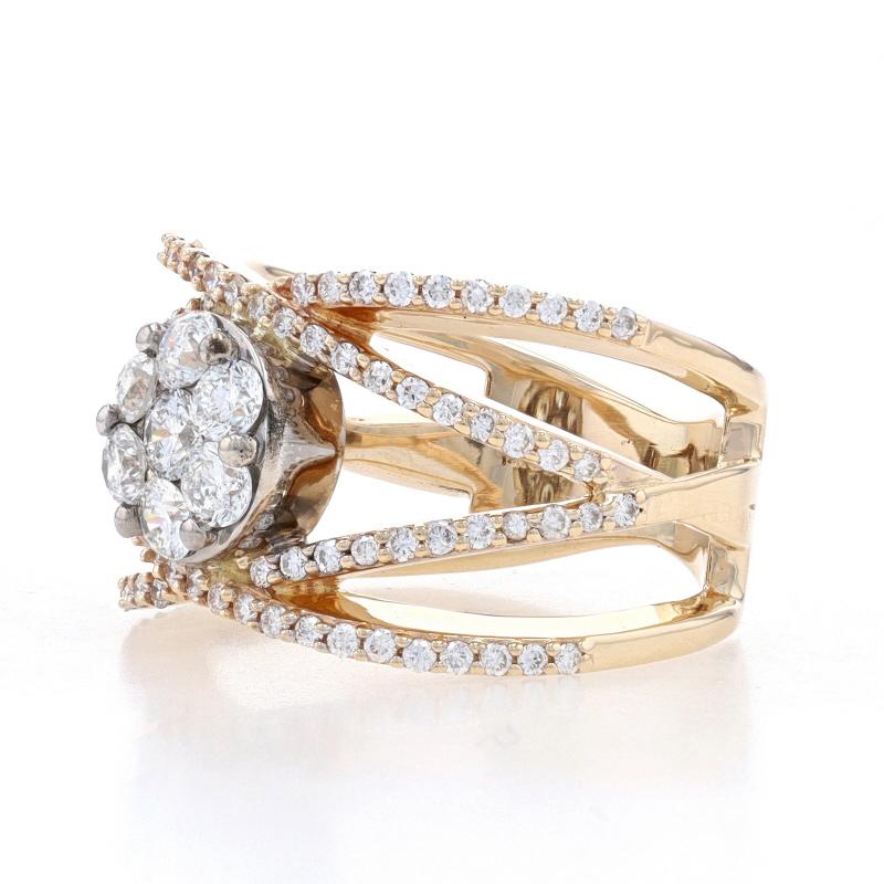 Round Cut Yellow Gold Diamond Cluster Halo Ring - 14k Round Brilliant 1.00ctw Floral For Sale