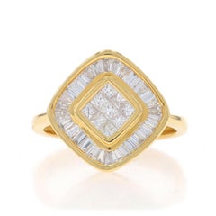 Yellow Gold Diamond Cluster Halo Ring - 18k Princess & Baguette 1.00ctw