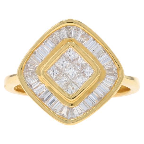 Yellow Gold Diamond Cluster Halo Ring - 18k Princess & Baguette 1.00ctw