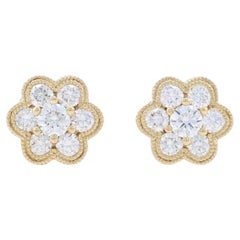 Yellow Gold Diamond Cluster Halo Stud Earrings -14k Round .50ctw Flowers Pierced