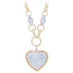 Yellow Gold Diamond Cluster Heart Necklace, 14k Round Brilliant Cut 1.20 Carat