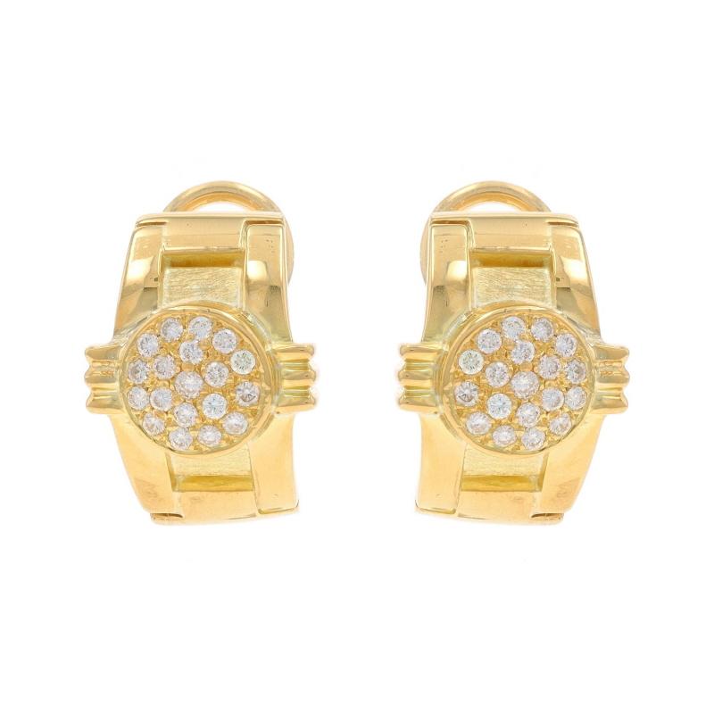 Metal Content: 18k Yellow Gold

Stone Information

Natural Diamonds
Carat(s): .40ctw
Cut: Round Brilliant
Color: E - F
Clarity: VS1 - VS2

Total Carats: .40ctw

Style: Cluster J-Hoop
Fastening Type: Omega Closures

Measurements

Tall: 21/32