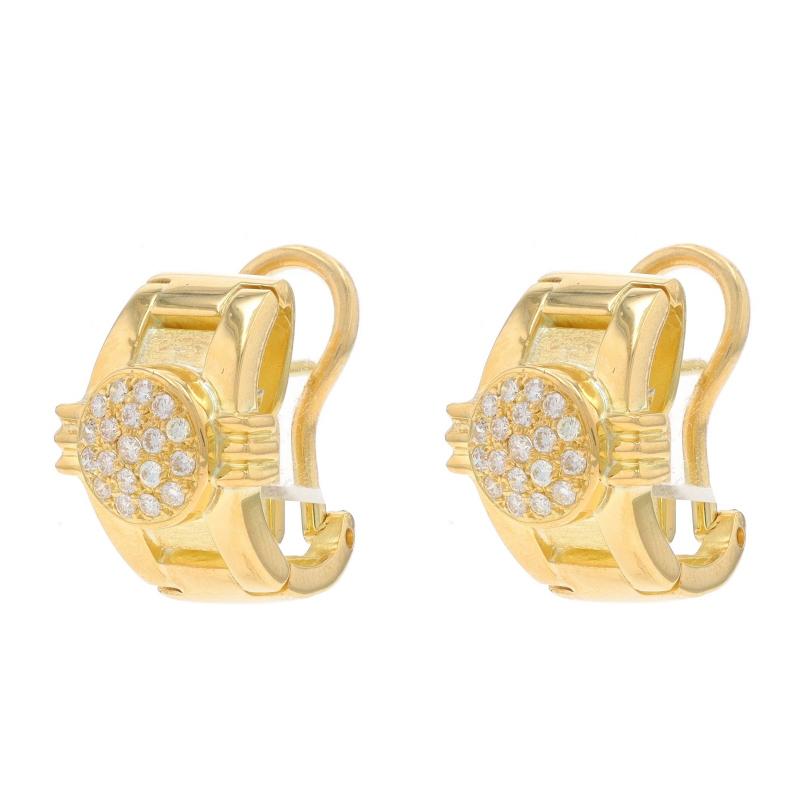 Round Cut Yellow Gold Diamond Cluster J-Hoop Earrings - 18k Round Brilliant .40ctw Pierced For Sale
