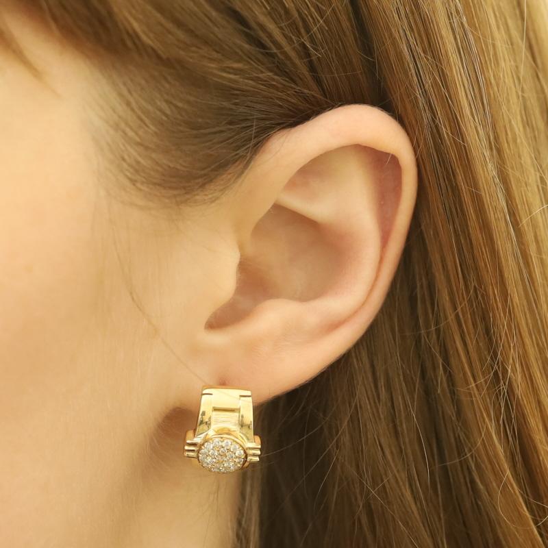 Yellow Gold Diamond Cluster J-Hoop Earrings - 18k Round Brilliant .40ctw Pierced In Excellent Condition For Sale In Greensboro, NC