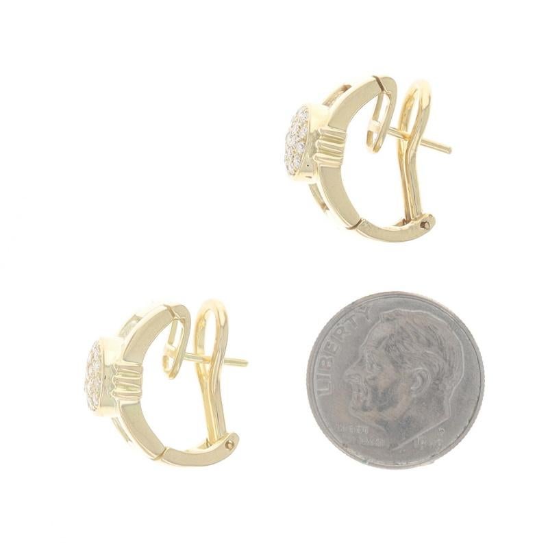 Women's Yellow Gold Diamond Cluster J-Hoop Earrings - 18k Round Brilliant .40ctw Pierced For Sale