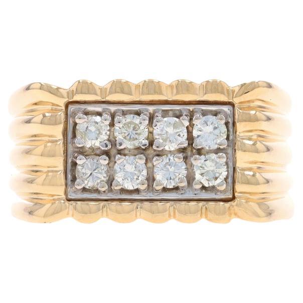 Yellow Gold Diamond Cluster Men's Ring - 14k Round Brilliant 0.48ctw Ribbed
