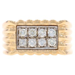 Yellow Gold Diamond Cluster Men's Ring - 14k Round Brilliant 0.48ctw Ribbed