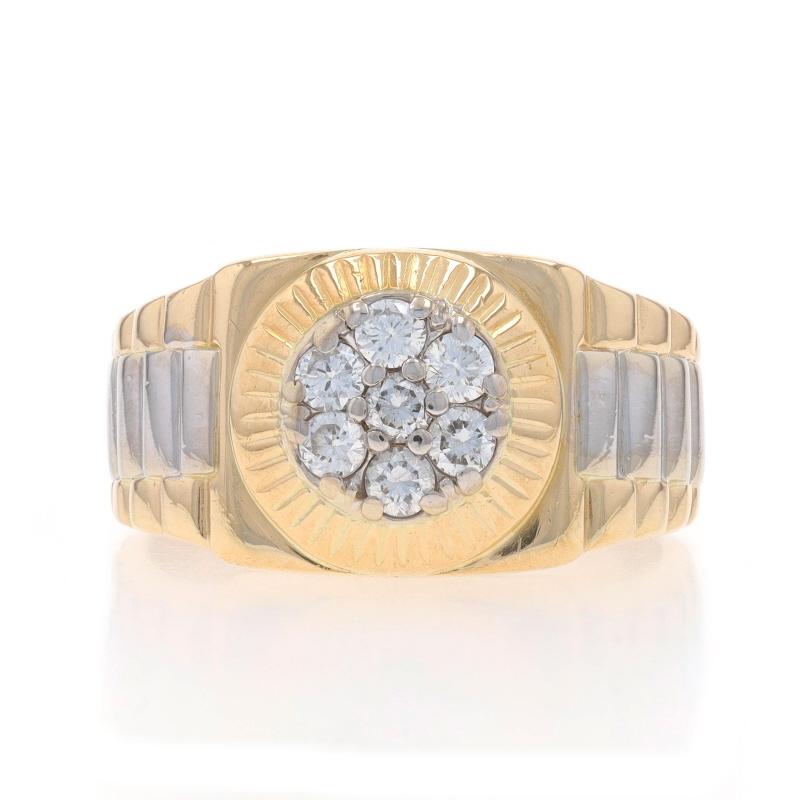 Größe: 8 1/4
Gebühr für Größenanpassung: 2 Größen hoch für $60 oder 1 Größe runter für $40

Metallgehalt: 14k Gelbgold & 14k Weißgold

Informationen zu Stein

Natürliche Diamanten
Karat(e): .50ctw
Schliff: Rund brillant
Farbe: G - H
Reinheit: SI1 -