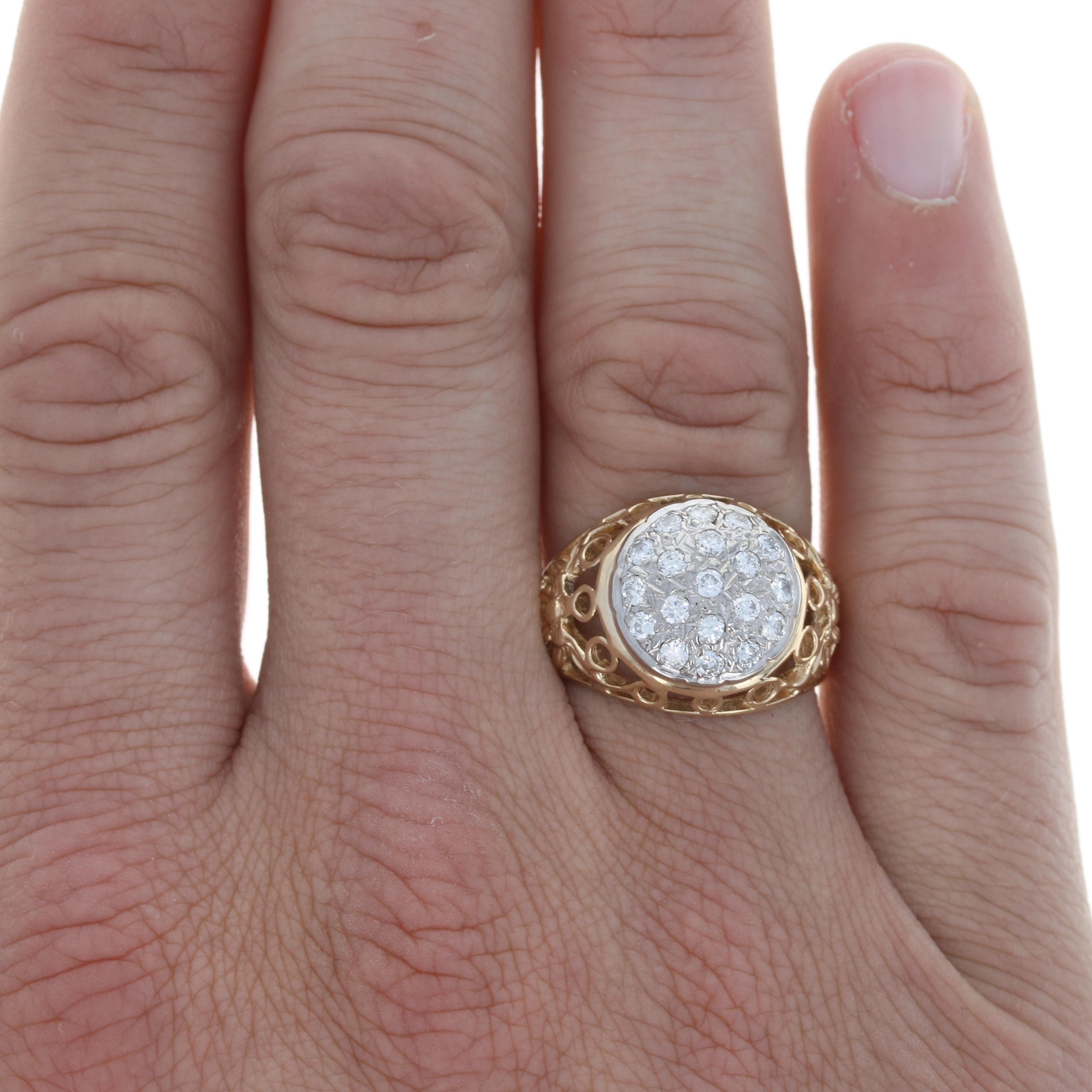 Size: 10 1/2
Sizing Fee: Down 3 Sizes for $30 or Up 2 Sizes for $35

Metal Content: 14k Yellow Gold & 14k White Gold

Stone Information: 
Natural Diamonds
Total Carats: 1.00ctw
Cut: Round Brilliant
Color: F - G
Clarity: SI2 - I1

Style: