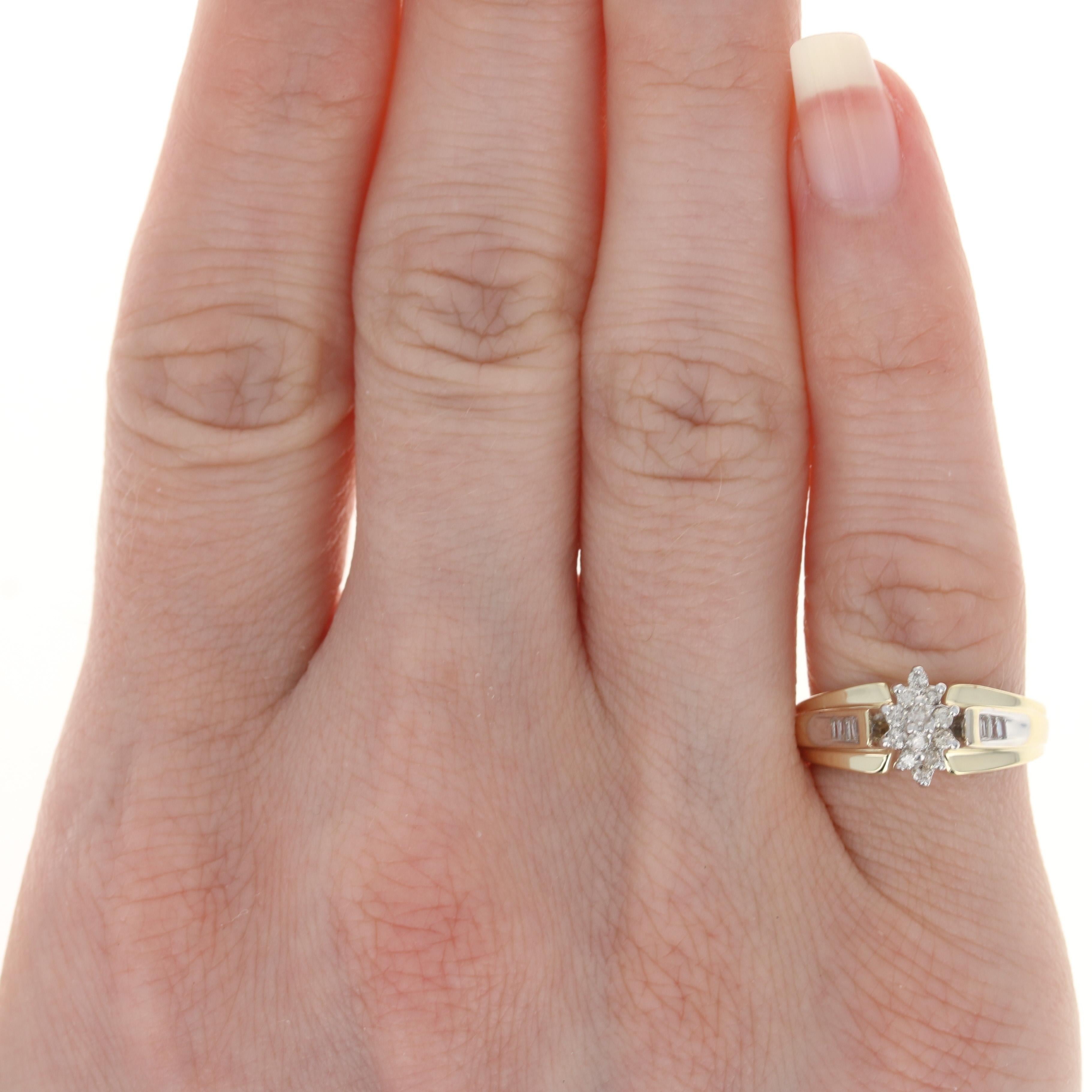 Size: 4 1/4
Sizing Fee: Up 2 sizes for $25 or down 1 size for $20

Metal Content: 10k Yellow Gold & 10k White Gold 

Stone Information: 
Natural Diamonds
Total Carats: .25ctw
Cuts: Round Brilliant & Baguette
Color: K - L
Clarity: I1 - I2

Style: