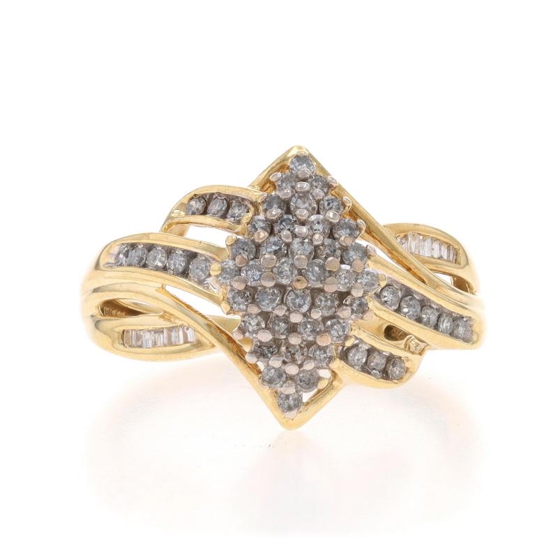 Size: 7 1/4
Sizing Fee: Up 2 sizes for $40 or Down 1 size for $40

Metal Content: 10k Yellow Gold & 10k White Gold

Stone Information

Natural Diamonds
Carat(s): .50ctw
Cut: Single and Baguette
Color: G - H - I
Clarity: SI1 - I2

Total Carats: