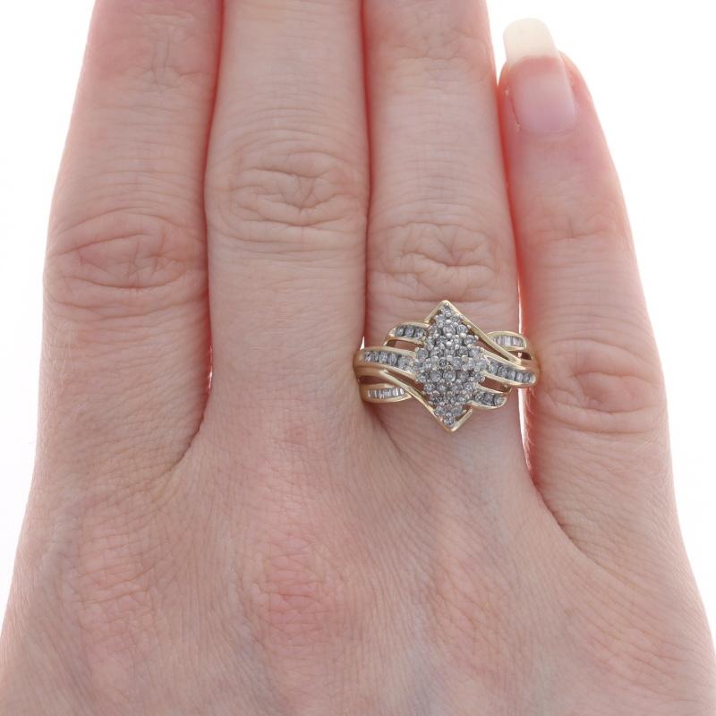 Baguette Cut Yellow Gold Diamond Cluster Ring - 10k Single and Baguette .50ctw Bypass For Sale
