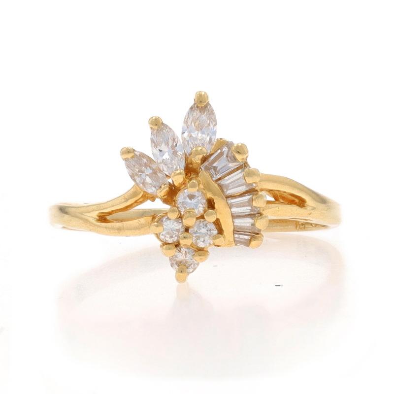 Size: 8
Sizing Fee: Up 3 sizes for $40 or Down 2 sizes for $30

Metal Content: 14k Yellow Gold

Stone Information

Natural Diamonds
Carat(s): .50ctw (carat stamp)
Cut: Marquise, Baguette, Round Brilliant
Color: G - H
Clarity: VS1 - VS2

Total