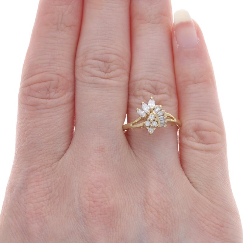 Round Cut Yellow Gold Diamond Cluster Ring - 14k Marquise, Baguette, Round .50ctw For Sale