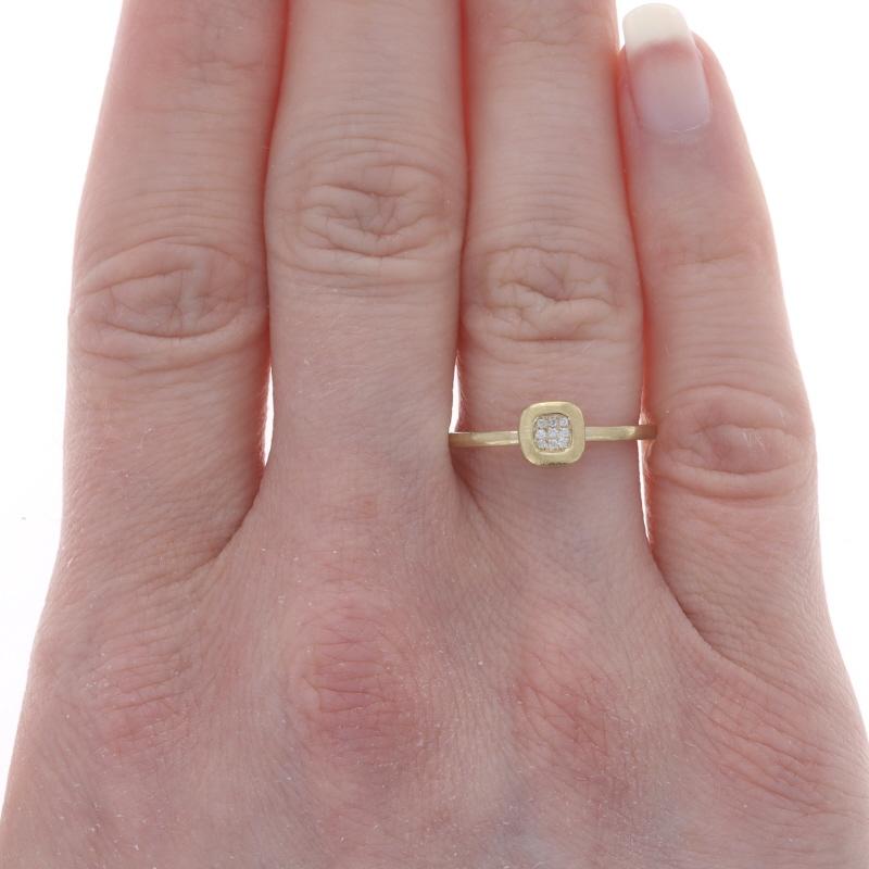 Size: 7 1/4
Sizing Fee: Up 2 sizes for $35 or Down 3 sizes for $30

Metal Content: 14k Yellow Gold

Stone Information
Natural Diamonds
Carat(s): .11ctw
Cut: Round Brilliant
Color: G
Clarity: I1 - I2

Total Carats: .11ctw

Style: Cluster
Features: