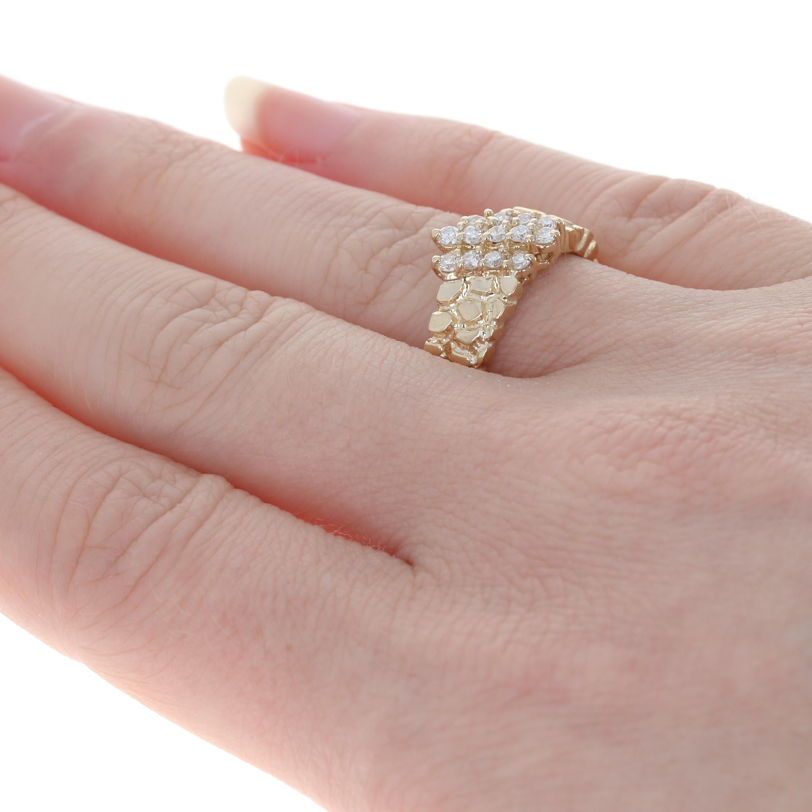 Uncut Yellow Gold Diamond Cluster Ring, 14k Round Brilliant Cut .35ctw Nugget Texture