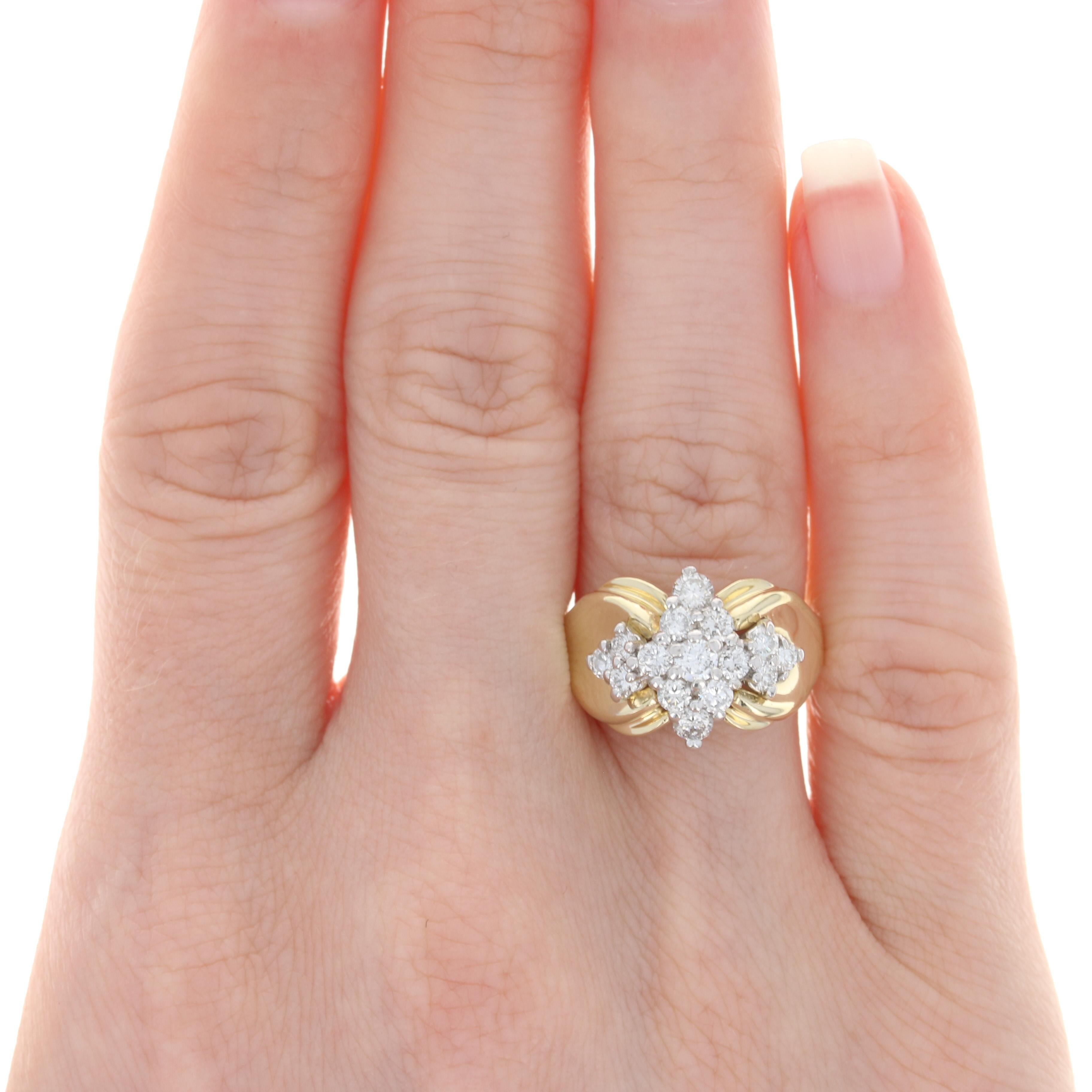 Size: 6
Sizing Fee: Down 2 sizes for a $30 fee or up 2 sizes for a $35 fee

Metal Content: 14k Yellow Gold & 14k White Gold

Stone Information: 
Natural Diamonds
Total Carats: .98ctw
Cut: Round Brilliant
Color: F - G
Clarity: SI1 - SI2

Style: