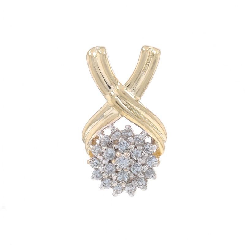 Metal Content: 14k Yellow Gold & 14k White Gold

Stone Information

Natural Diamonds
Carat(s): .25ctw
Cut: Round Brilliant
Color: G - H
Clarity: SI2 - I1

Total Carats: .25ctw

Style: Cluster Slide
Theme: X Crossover Ribbon

Measurements

Tall: 3/4