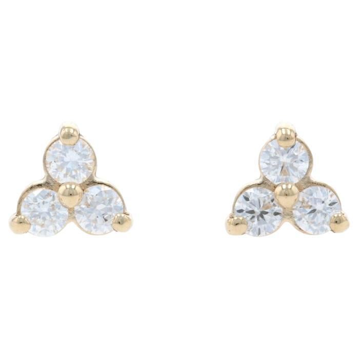 Yellow Gold Diamond Cluster Stud Earrings 14k Round .23ctw Floral Leaves Pierced For Sale