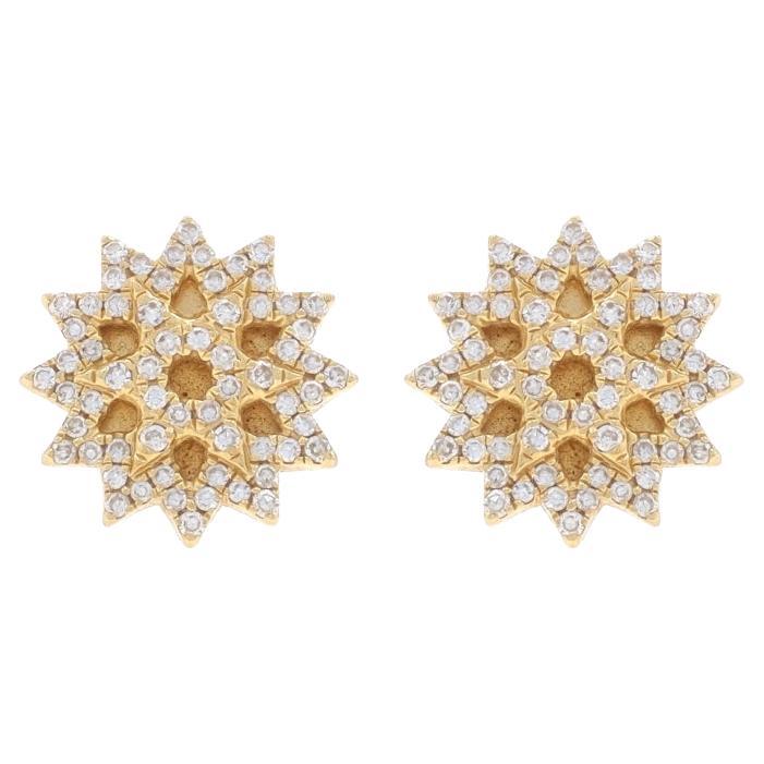 Yellow Gold Diamond Cluster Stud Earrings 14k Single Cut.26ctw Floral Snowflakes
