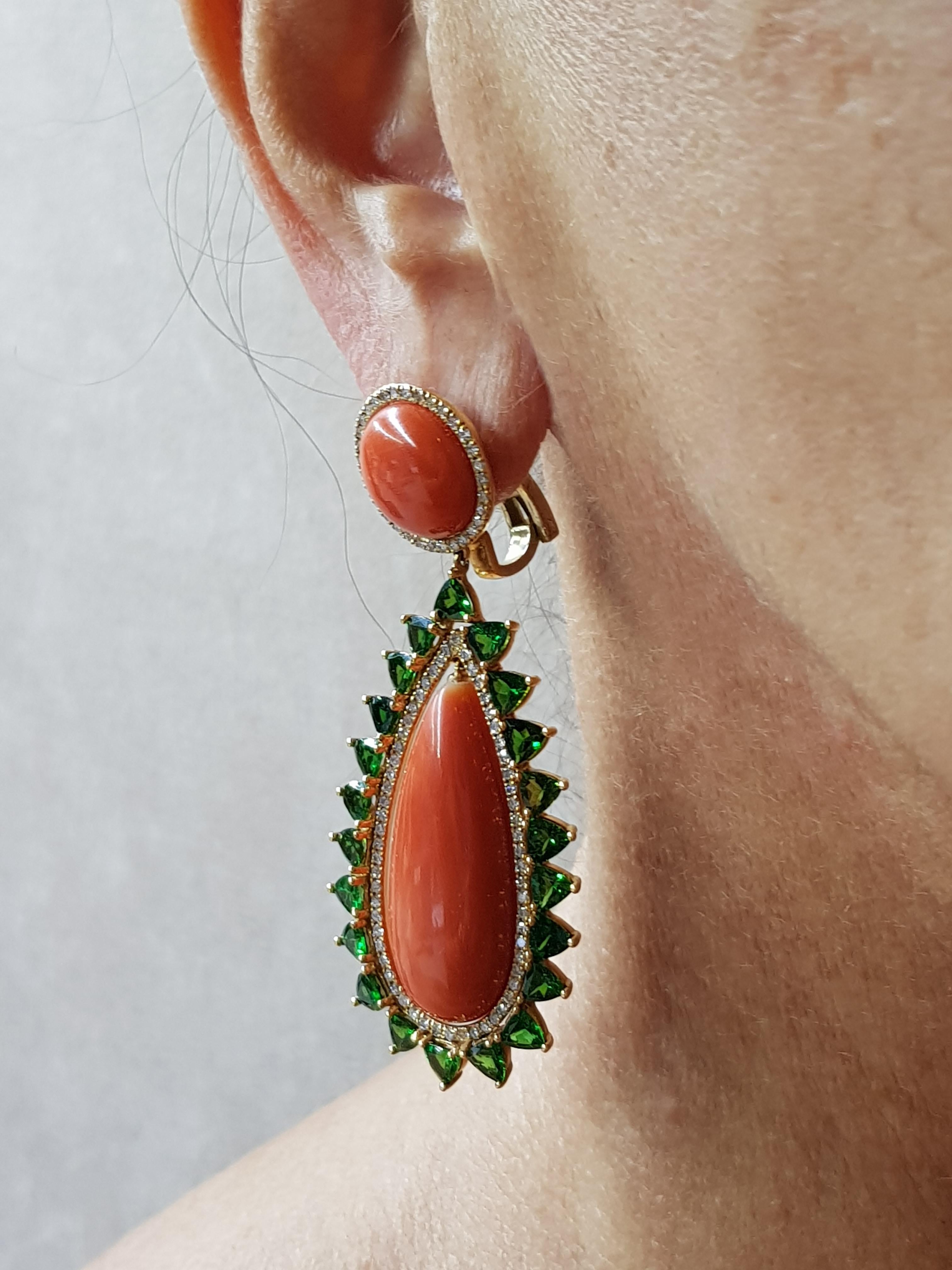 Contemporary Yellow Gold Diamond Coral and Tourmaline Cocktail Earrings For Sale