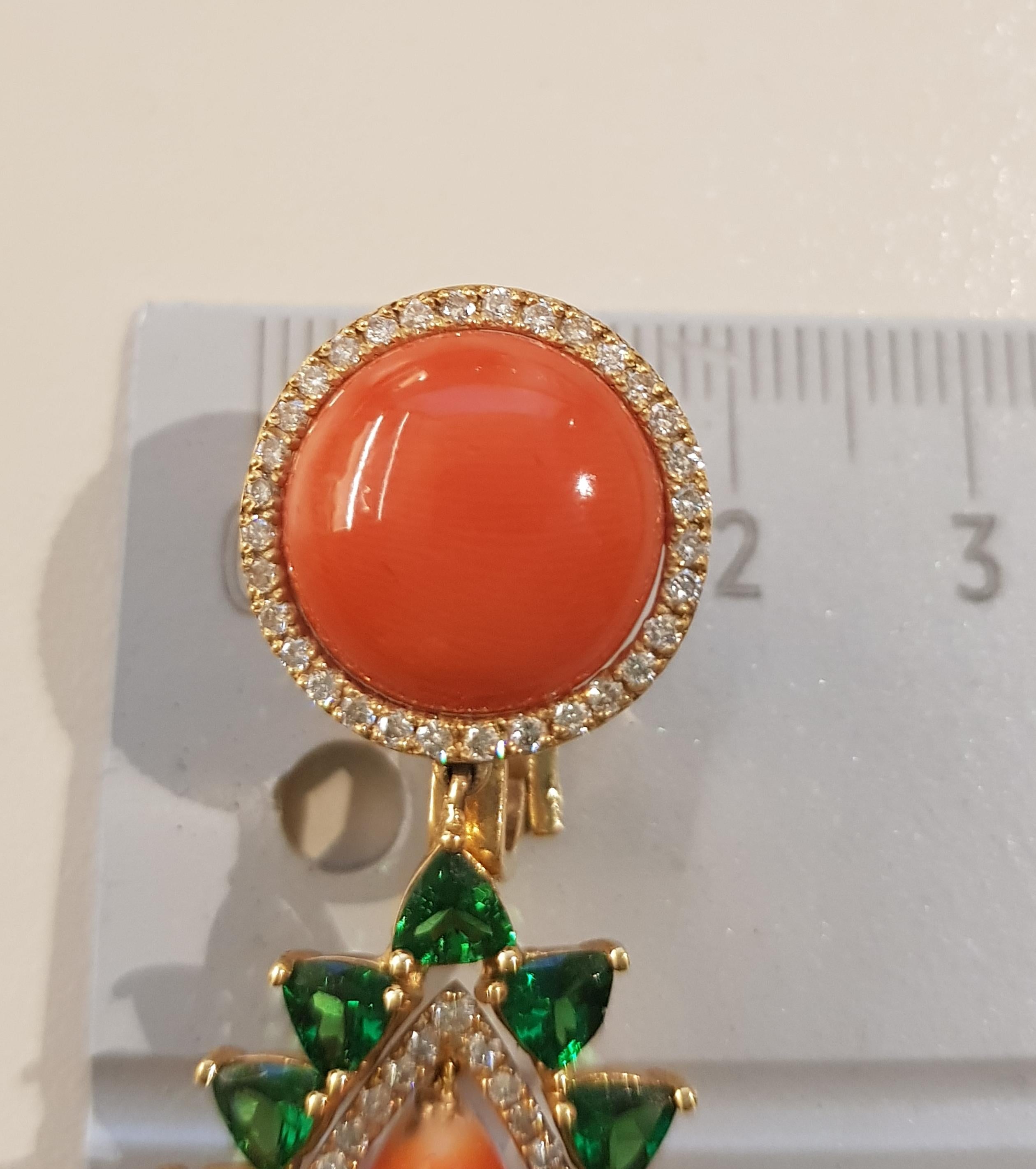Yellow Gold Diamond Coral and Tourmaline Cocktail Earrings For Sale 1