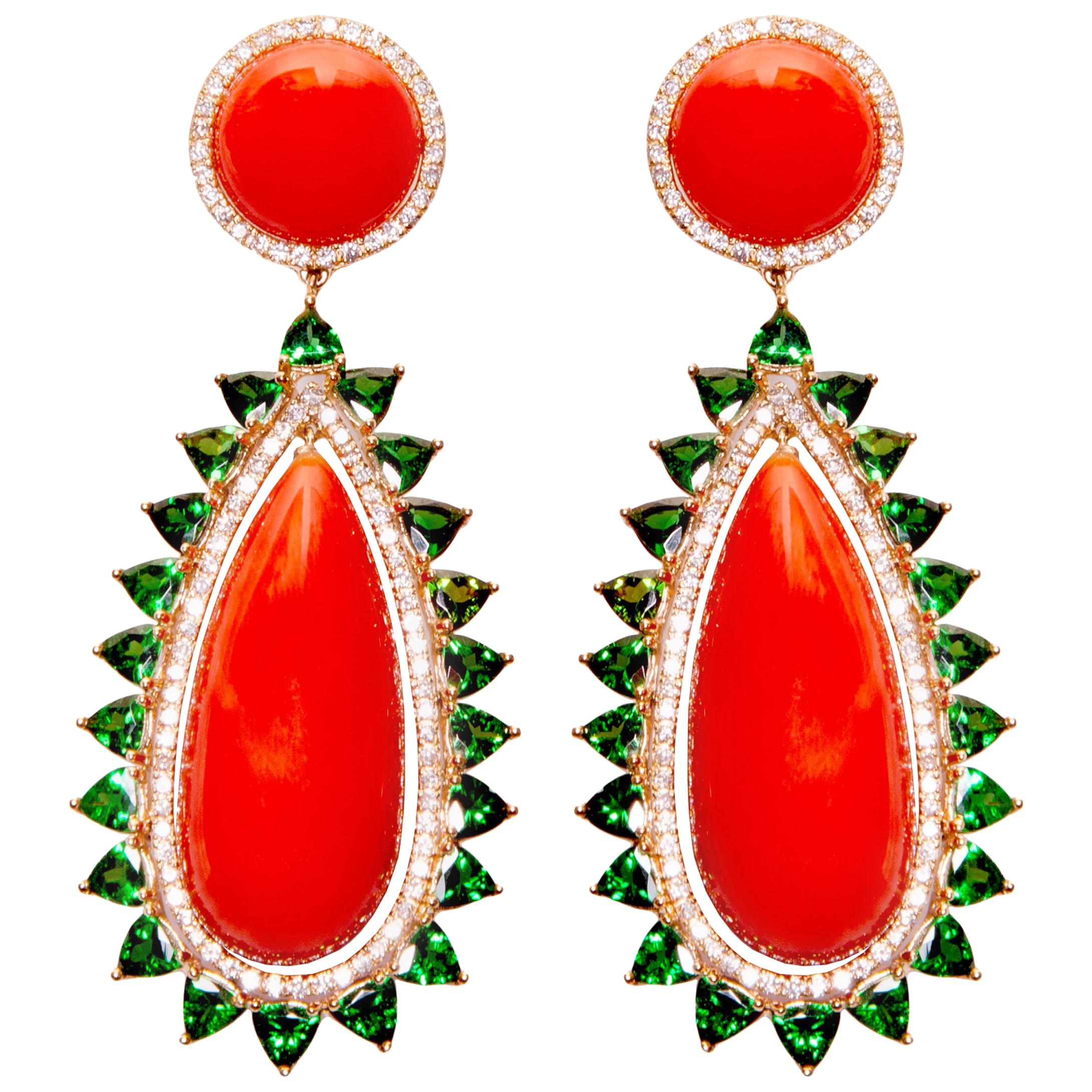 Yellow Gold Diamond Coral and Tourmaline Cocktail Earrings For Sale