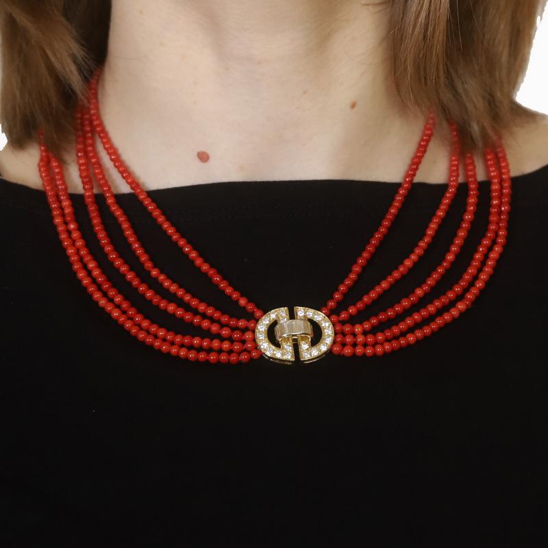 Gelbgold Diamant Koralle Vintage Schnalle Halskette 16 1/4