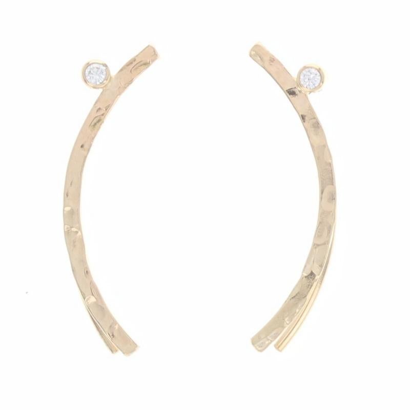 Metal Content: 14k Yellow Gold

Stone Information

Natural Diamonds
Carat(s): .04ctw
Cut: Round Brilliant
Color: G - H
Clarity: VS2 - SI1

Style: Ear Climber 
Fastening Type: Hook Closures
Theme: Crescent 
Features:  Smoothy finished with hammered