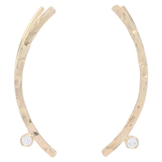 Yellow Gold Diamond Crescent Ear Climber Earrings 14k Round Cut Curved Hammered