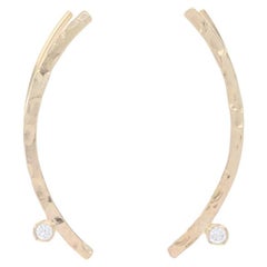 Yellow Gold Diamond Crescent Ear Climber Earrings 14k Round Cut Curved Hammered