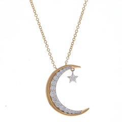 Yellow Gold Diamond Crescent Moon & Star Necklace - 14k Round .38ctw Adjustable