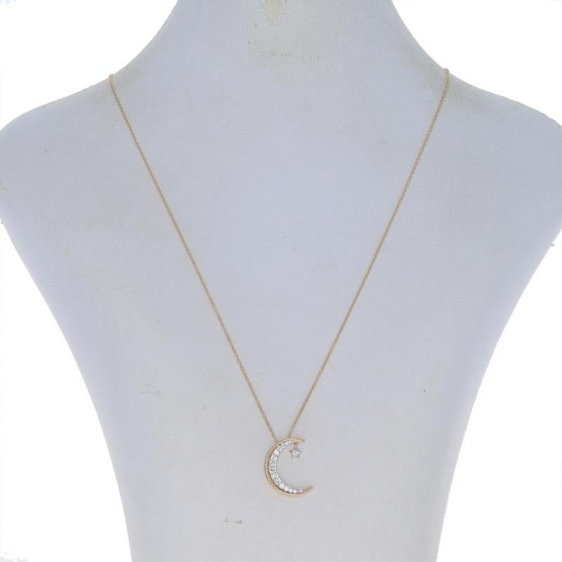 Round Cut Yellow Gold Diamond Crescent Moon & Star Necklace - 14k Round .38ctw Adjustable For Sale