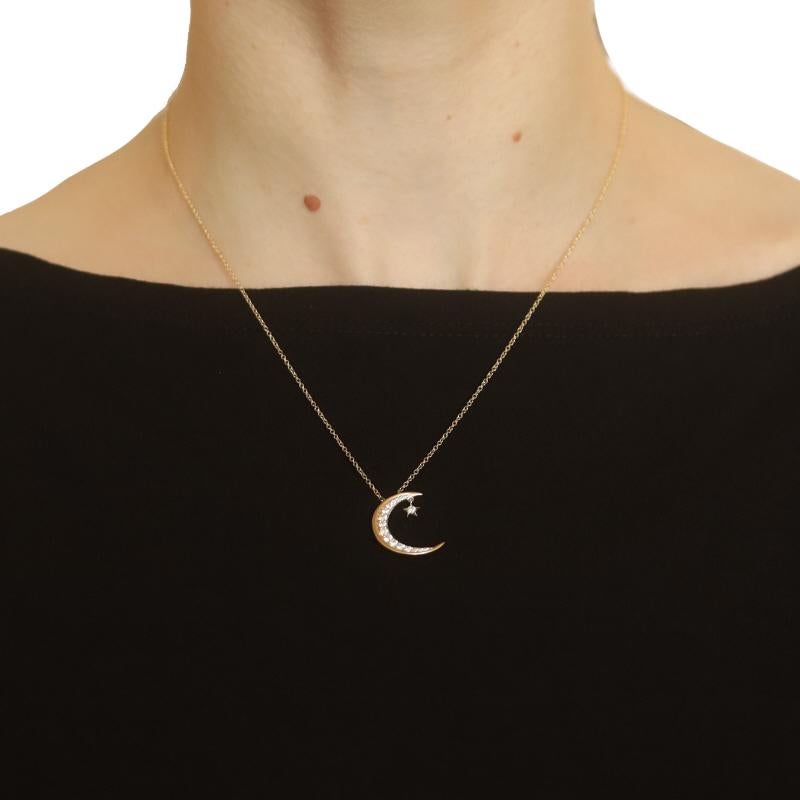 Yellow Gold Diamond Crescent Moon & Star Necklace - 14k Round .38ctw Adjustable In New Condition For Sale In Greensboro, NC