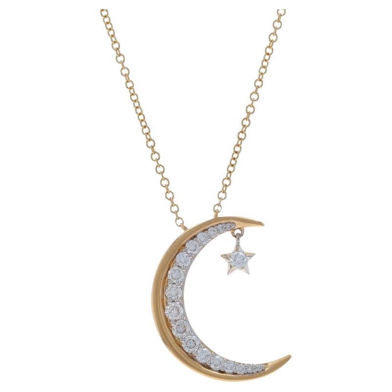 Yellow Gold Diamond Crescent Moon & Star Necklace - 14k Round .38ctw Adjustable For Sale