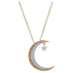 Yellow Gold Diamond Crescent Moon & Star Necklace - 14k Round .38ctw Adjustable