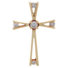 Yellow Gold Diamond Cross Pendant - 10k Round Brilliant .12ctw Faith