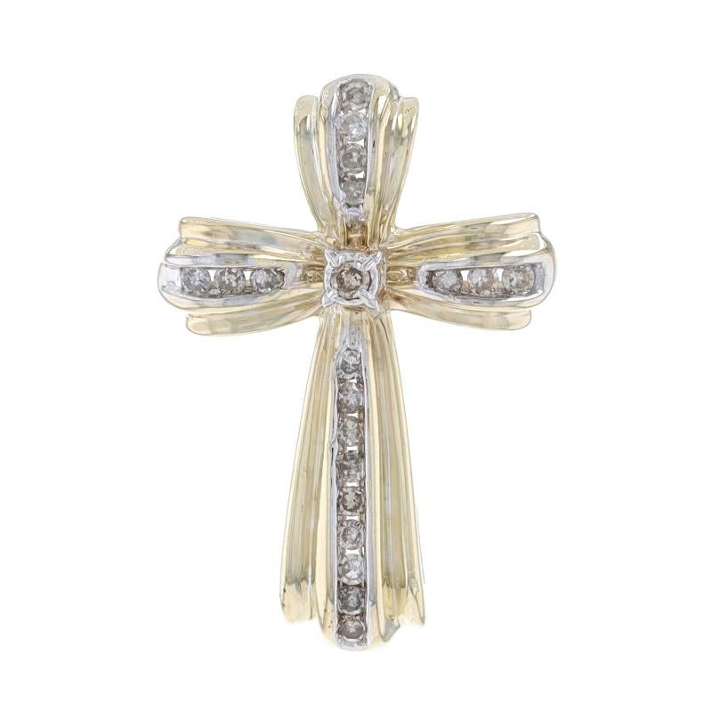 Metal Content: 10k Yellow Gold & 10k White Gold

Stone Information
Natural Diamonds
Carat(s): .20ctw
Cut: Single
Color: Champagne Brown
Clarity: I1 - I2

Total Carats: .20ctw

Theme: Cross, Faith

Measurements
Tall: 1