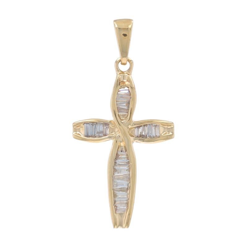Metal Content: 14k Yellow Gold

Stone Information

Natural Diamonds
Carat(s): .50ctw
Cut: Baguette
Color: G - H
Clarity: I1 - I2

Total Carats: .50ctw

Theme: Cross, Faith

Measurements

Tall (from stationary bail): 29/32