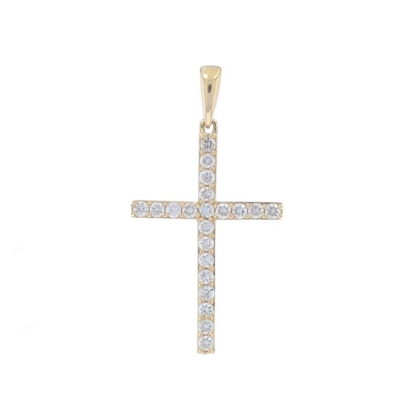 Metal Content: 14k Yellow Gold

Stone Information

Natural Diamonds
Carat(s): .30ctw
Cut: Round Brilliant
Color: G - H
Clarity: SI1 - SI2

Total Carats: .30ctw

Theme: Cross, Faith

Measurements

Tall (from stationary bail): 7/8