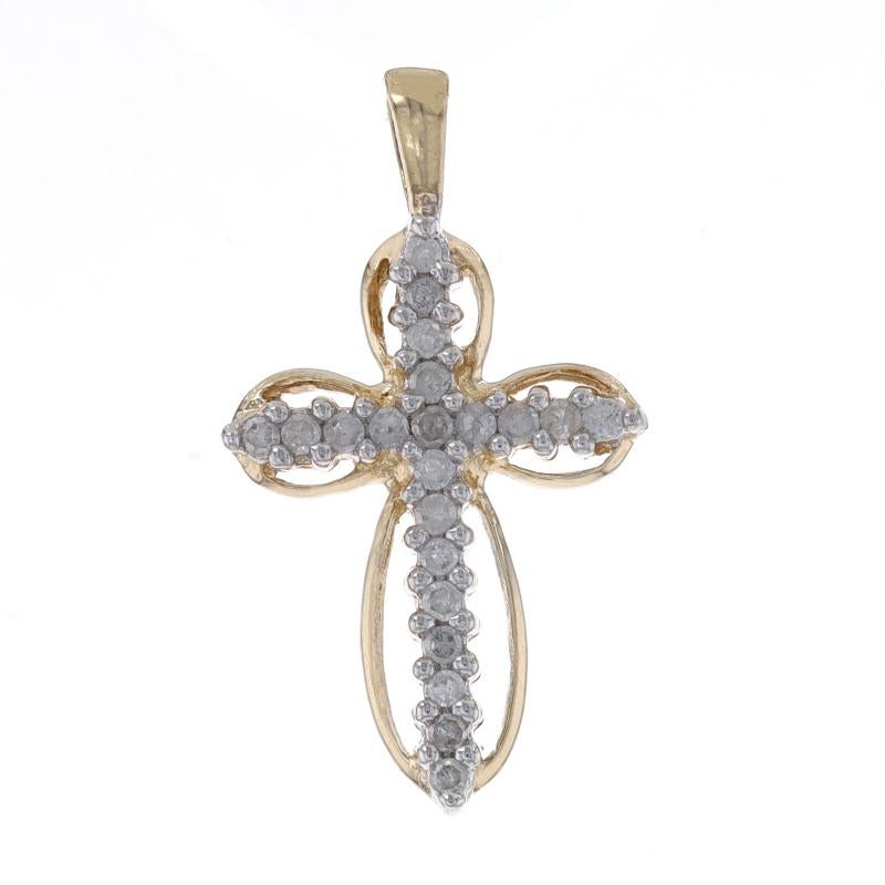 Metal Content: 14k Yellow Gold & 14k White Gold

Stone Information
Natural Diamonds
Carat(s): .16ctw
Cut: Single
Color: G
Clarity: I3

Total Carats: .16ctw

Theme: Cross, Faith

Measurements
Tall (from stationary bail): 7/8