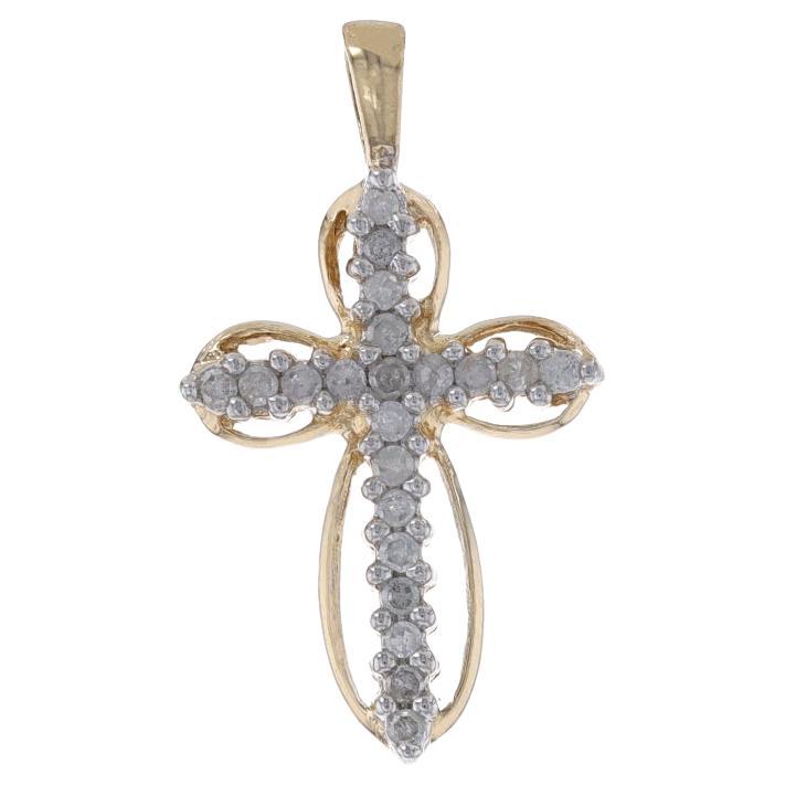 Yellow Gold Diamond Cross Pendant - 14k Single Cut .16ctw Faith For Sale