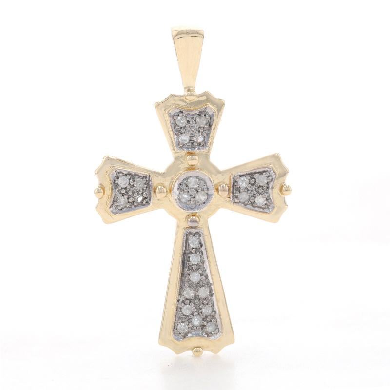 Metal Content: 14k Yellow Gold & 14k White Gold

Stone Information

Natural Diamonds
Carat(s): .25ctw
Cut: Single
Color: F - G
Clarity: I2 - I3

Total Carats: .25ctw

Theme: Cross, Faith 
Features:  Milgrain Detailing

Measurements

Tall (from