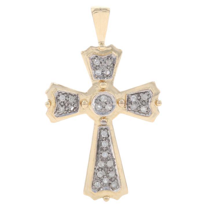 Yellow Gold Diamond Cross Pendant - 14k Single Cut .25ctw Faith Milgrain For Sale