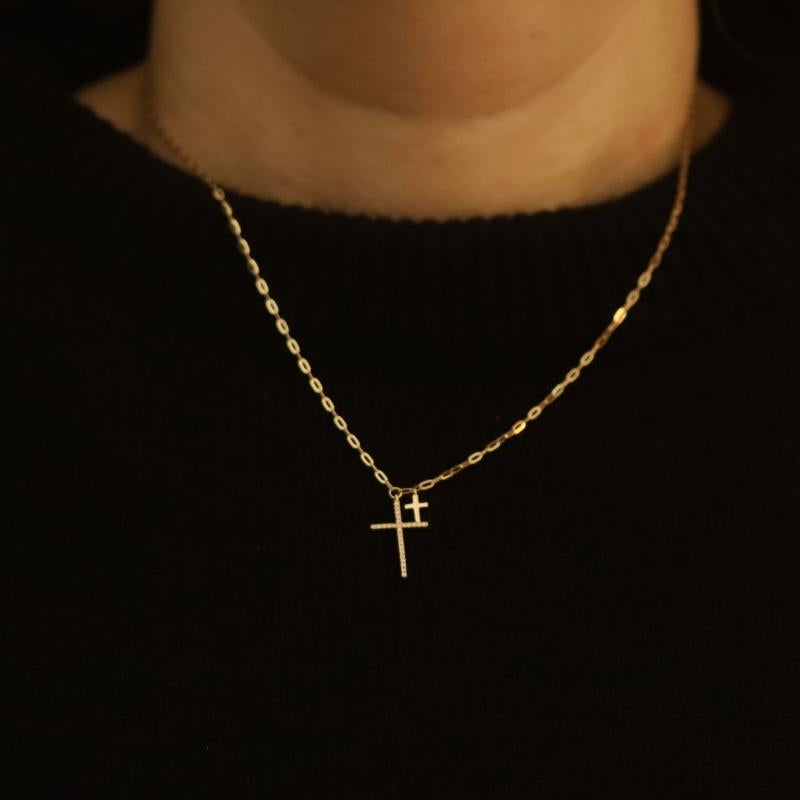 Collar Cruz Diamante Oro Amarillo 14k Redondo Brillante Fe Ajustable Corte redondo en venta