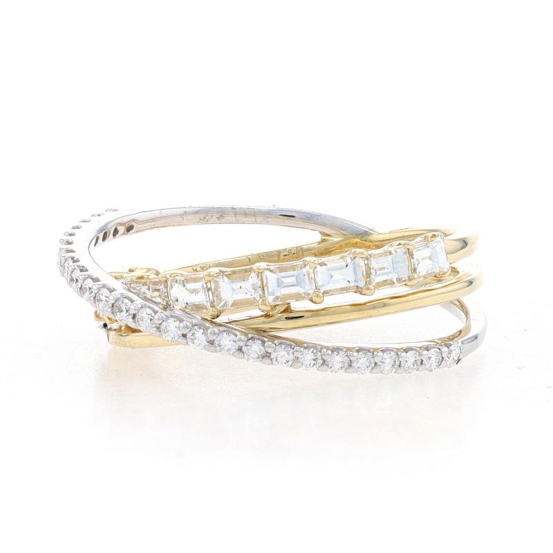 Baguette Cut Yellow Gold Diamond Crossover Band - 14k Baguette & Rnd 1.07ctw Ring Size 7 3/4 For Sale