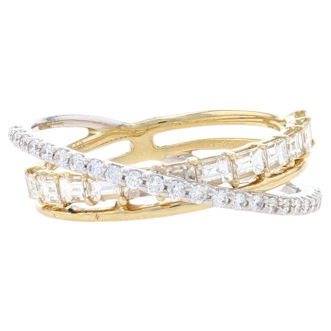 Yellow Gold Diamond Crossover Band - 14k Baguette & Rnd 1.07ctw Ring Size 7 3/4 For Sale