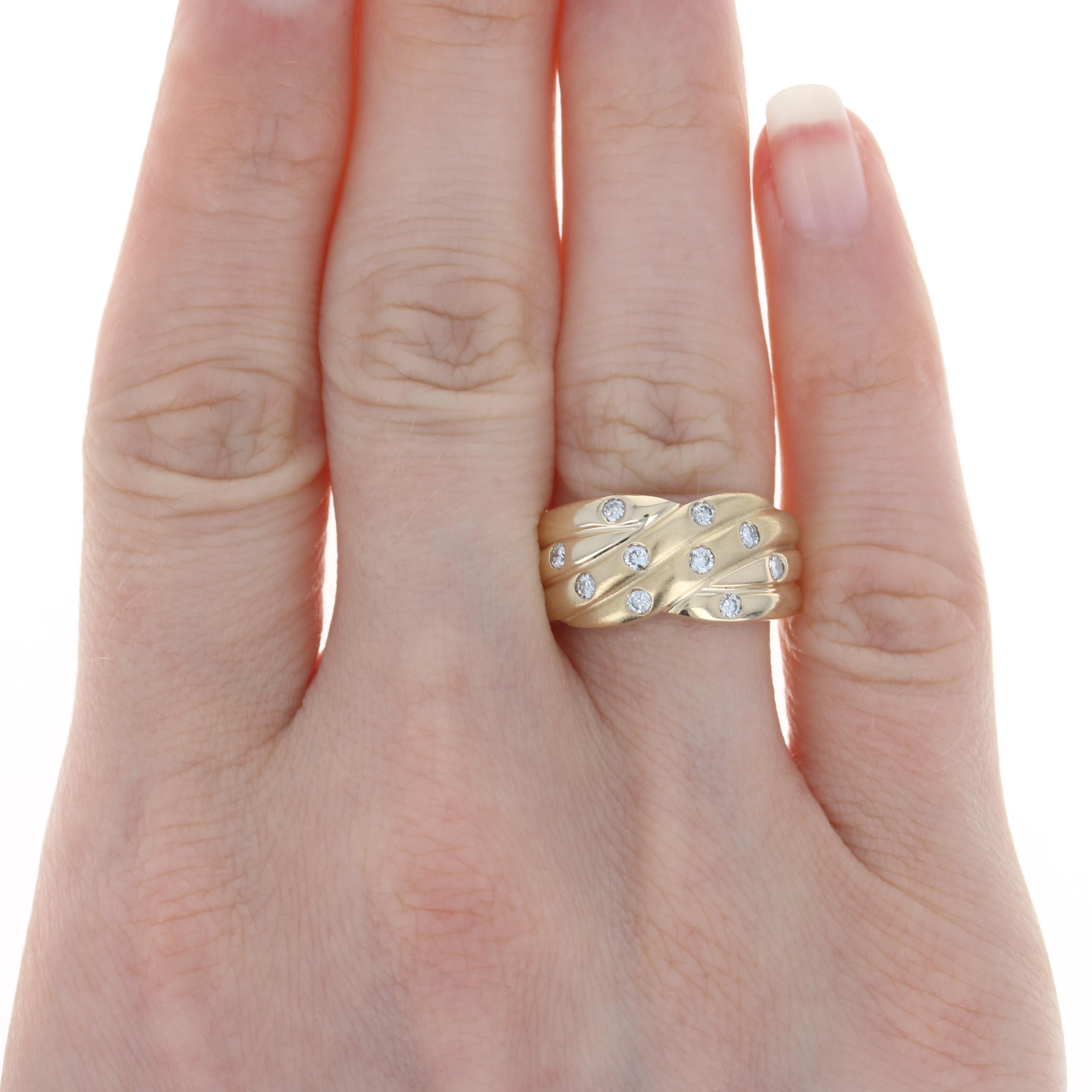 Yellow Gold Diamond Crossover Band, 14k Round Brilliant .30ctw Ribbed Matte Ring 2