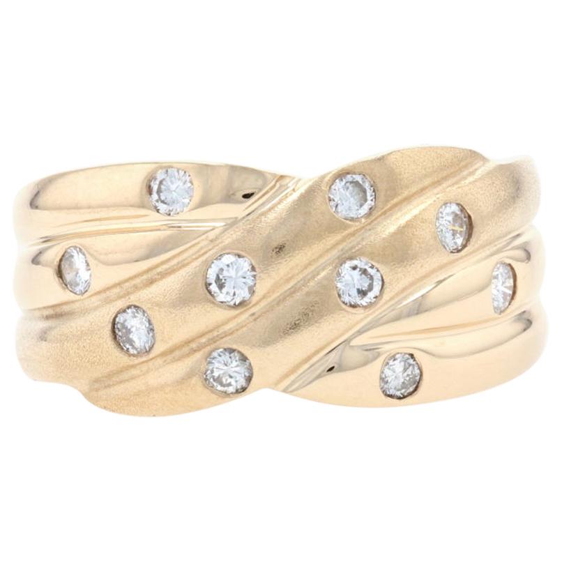 Yellow Gold Diamond Crossover Band, 14k Round Brilliant .30ctw Ribbed Matte Ring